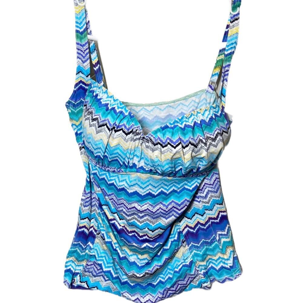 La Blanca Tankini Aztec Sweetheart Neckline Ruched Padded Aqua Blue 10